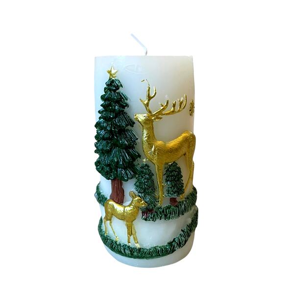 Christmas Pillar Candle Set of 2 Embossed Reindeer & Christmas Pine Trees 6" NEW - Picture 2 of 13
